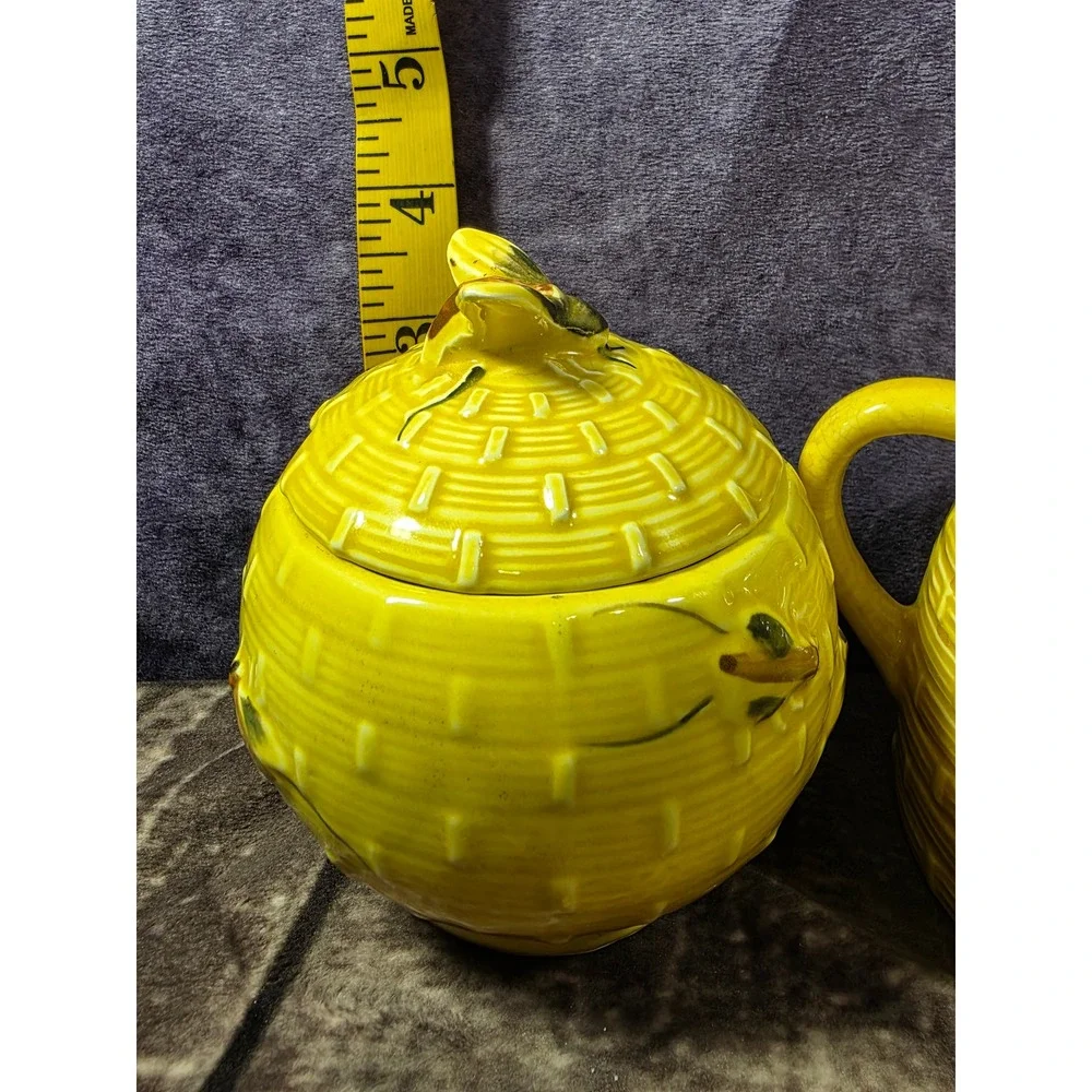 Vintage Yellow Beehive Ceramic Sugar Bowl and Creamer Set with Bees Skep Design‎